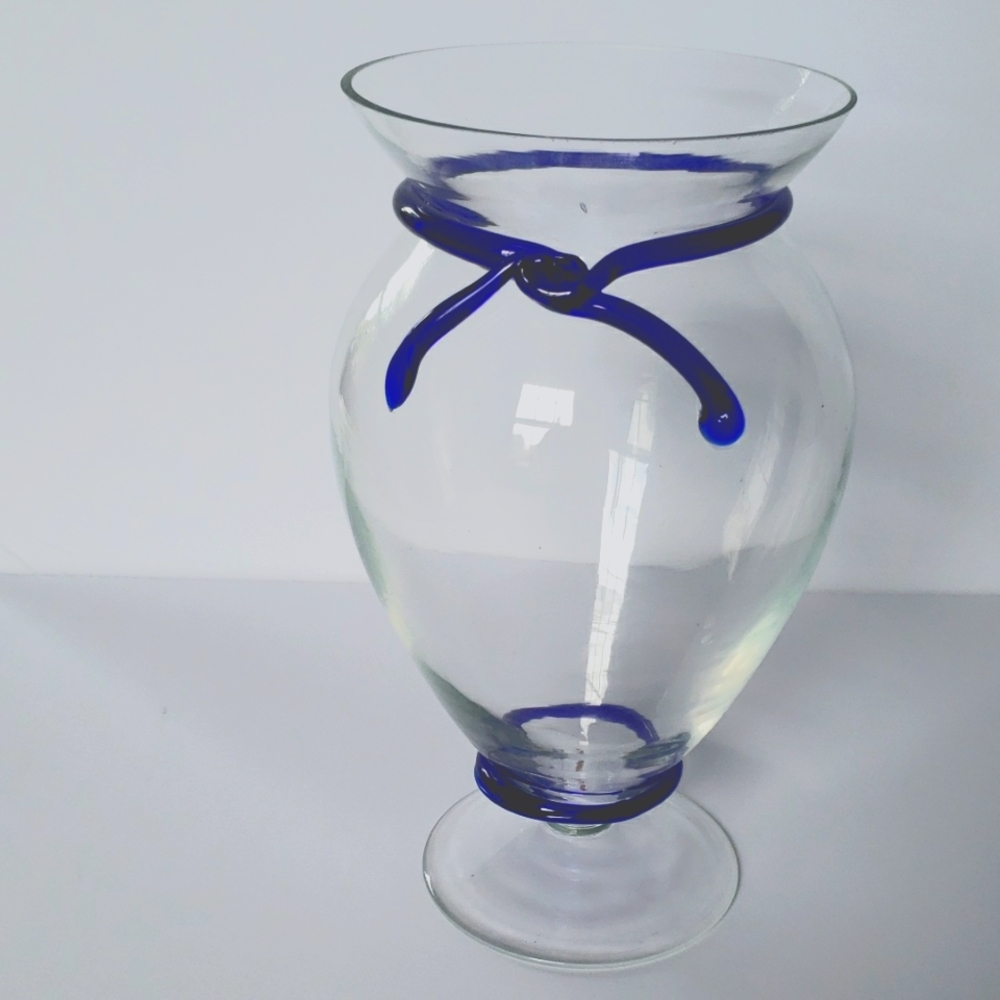 Hand-blown clear with applied cobalt glass ribbon vase